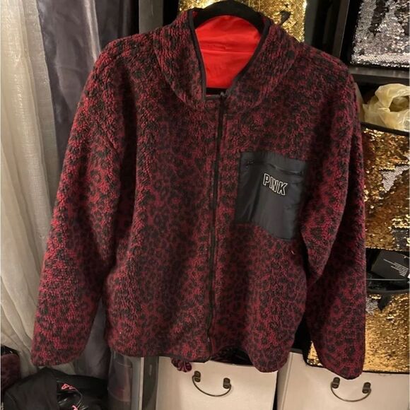 VS PINK teddy leopard zip up reversible jacket neon /animal print LARGE - Picture 7 of 9